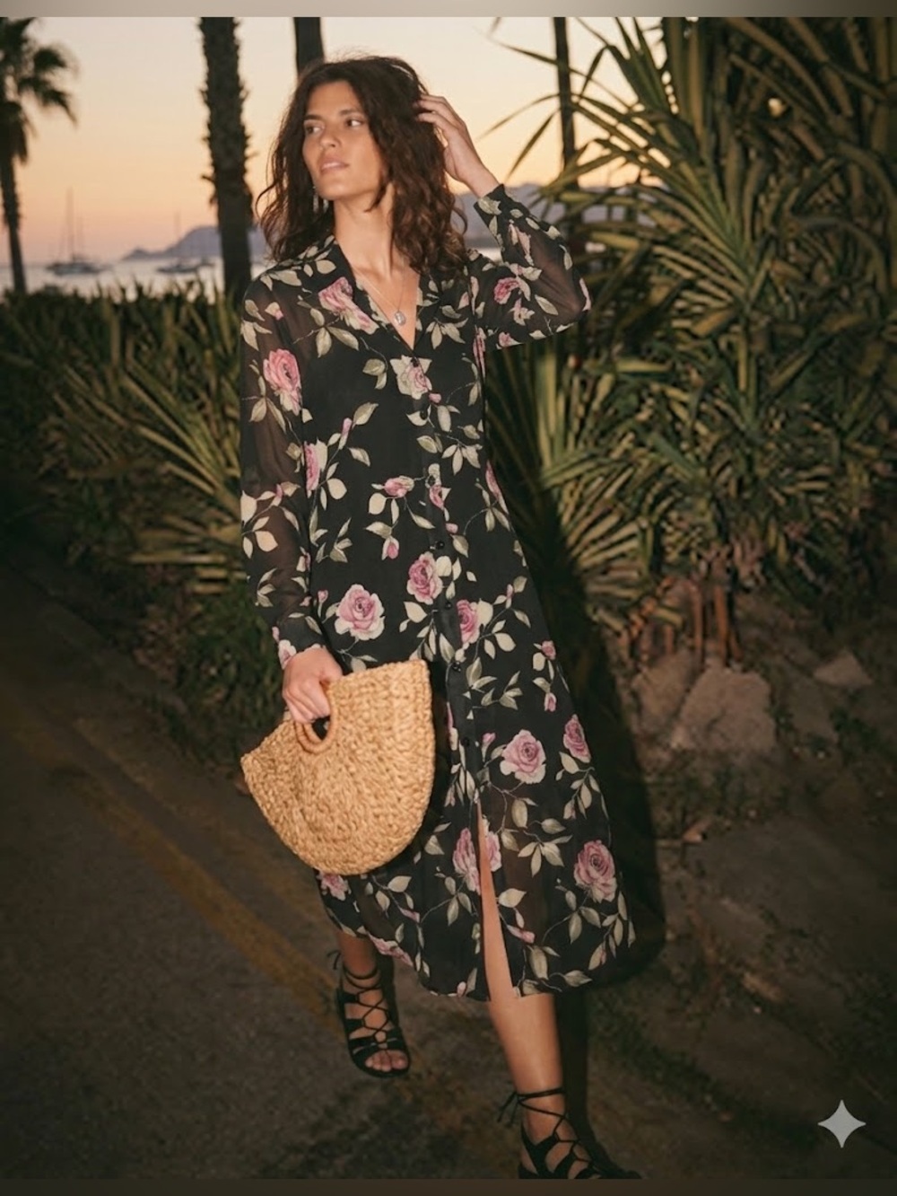 Vintage Blair Rose Chiffon Maxi Shirtdress with Black Dress Liner